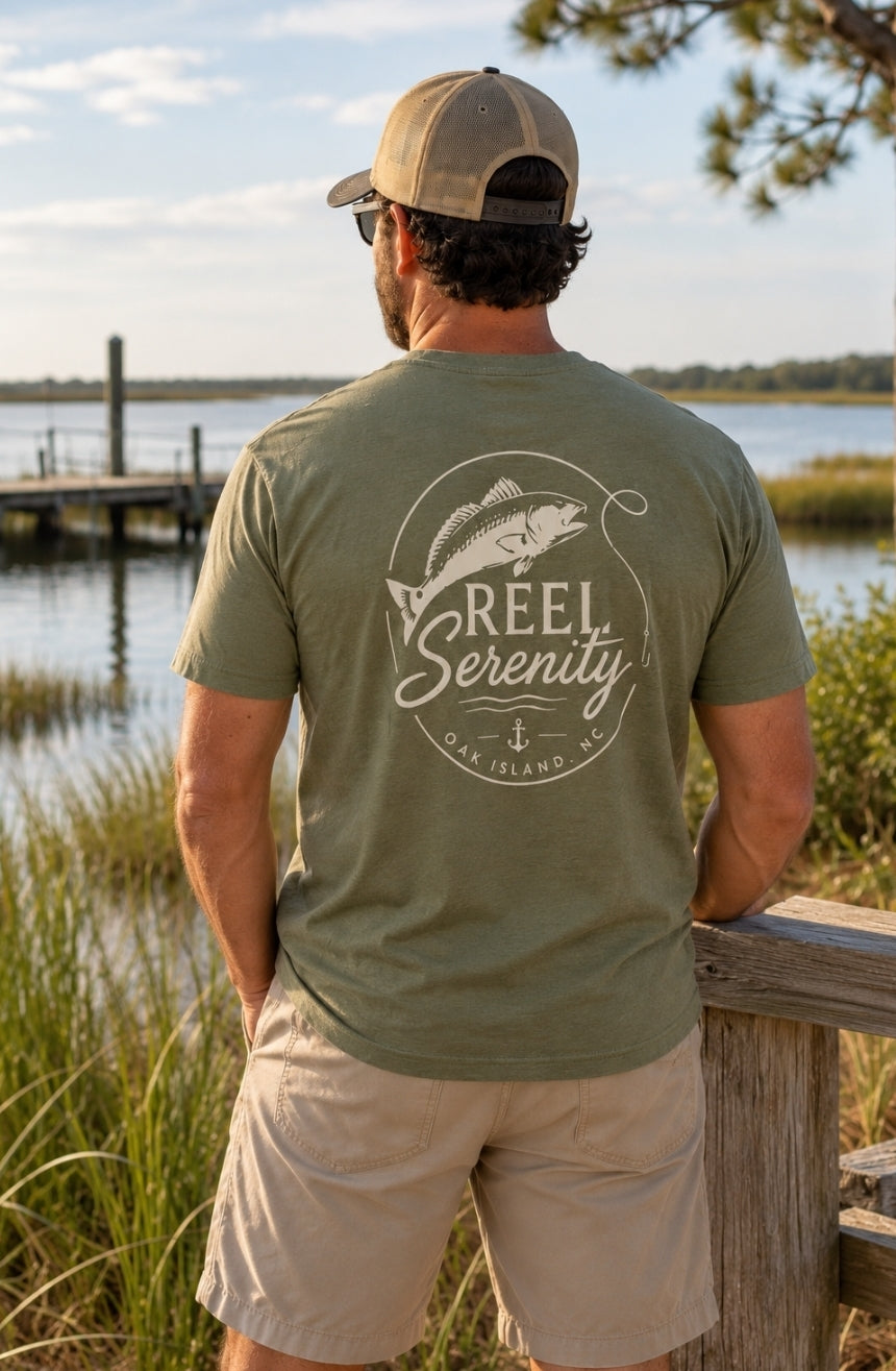 Reel Serenity Angler Pocket Tee-Oak Island Fishing Shirt