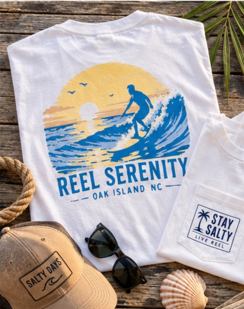 Reel Serenity Surf Rider Pocket Tee | Oak Island Surf Shirt