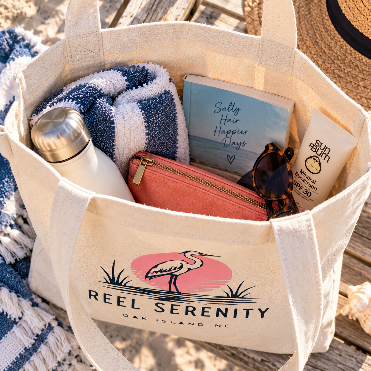 Reel Serenity Heron Coastal Tote Bag | Oak Island NC